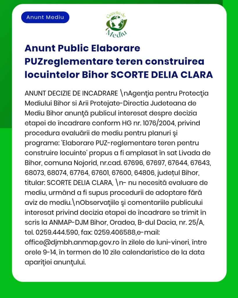 Anunț despre procedura de mediu pentru construirea locuințelor în Bihor, emis de APM.