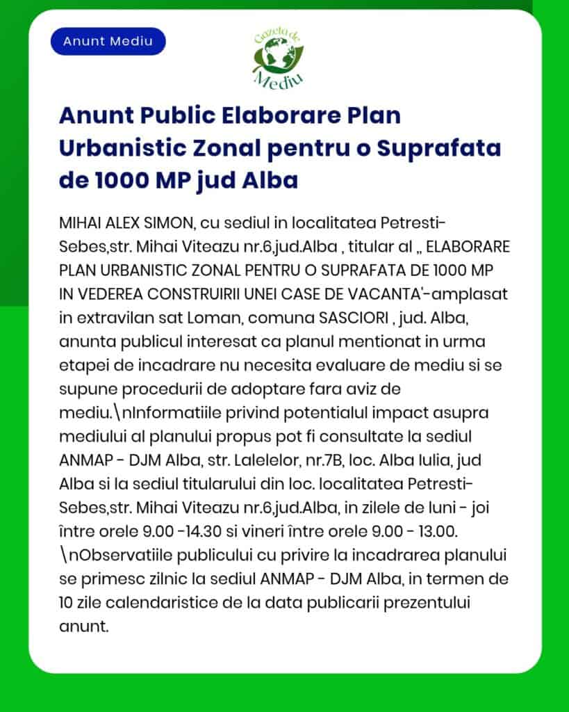Anunț privind elaborarea unui Plan Urbanistic Zonal pentru 1000 mp în județul Alba, cu detalii despre proiect.