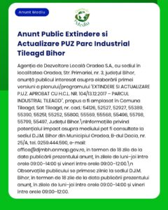 Anunț privind extinderea și actualizarea PUZ Parc Industrial Tileagd, Bihor, cu lista terenurilor afectate.