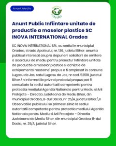 Cerere aviz de mediu pentru instalație de producție și achiziție mase plastice în Bihor, depusă de SC Inova International SRL.