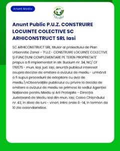 Anunț privind construirea de locuințe colective de către ARHICONSTRUCT SRL în Iași, România.