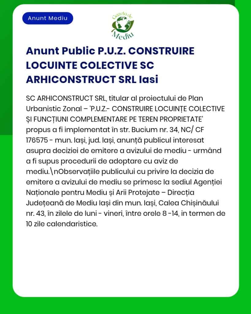 Anunț privind construirea de locuințe colective de către ARHICONSTRUCT SRL în Iași, România.