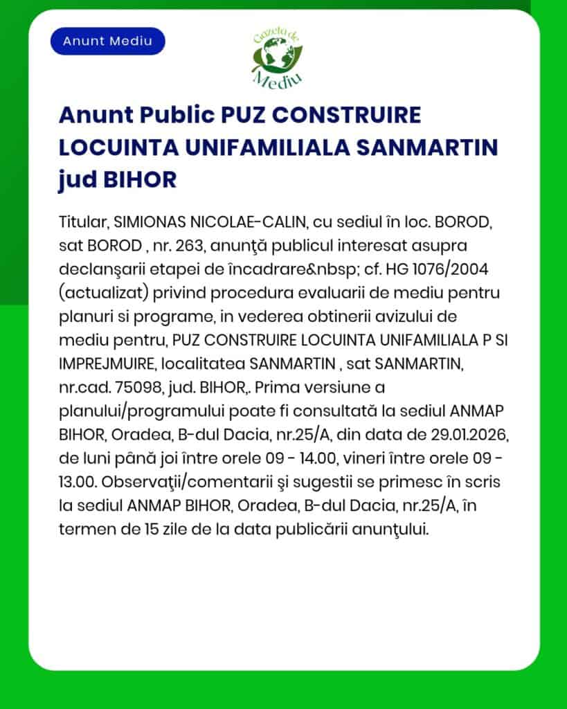 Anunț privind construirea unei zone rezidențiale în Sânmartin, Bihor, cu informații despre procesul de planificare.