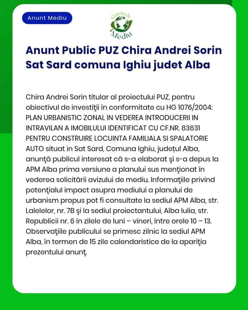 Anunț privind proiect rezidențial și spălătorie auto propus în Sat Șard, Alba, cu detalii despre procesul de avizare APM.