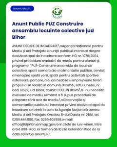 Anunț privind decizia de evaluare a mediului pentru un proiect de locuințe colective din județul Bihor.