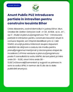 Anunț despre depunerea opiniilor privind un plan de dezvoltare locuințe în Bihor, cu termene menționate.