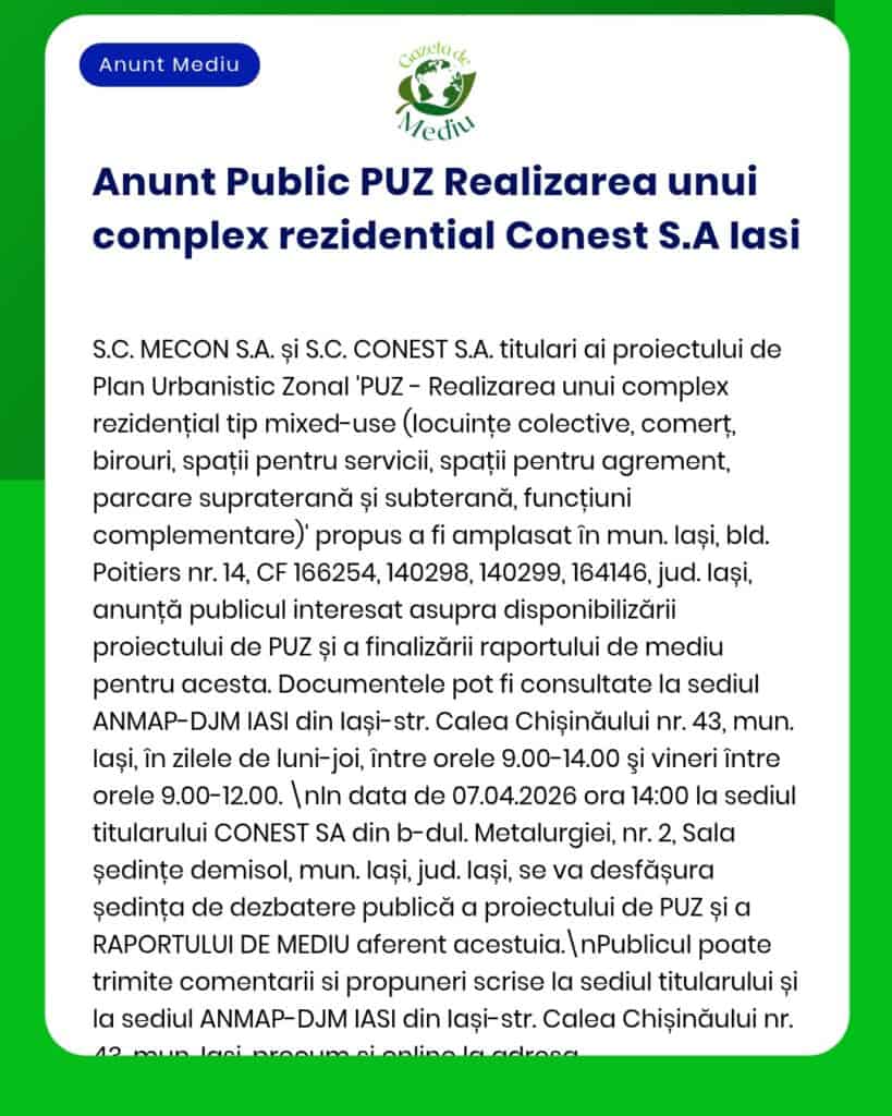 Anunț privind PUZ pentru un ansamblu rezidențial din Iași, cu detalii despre locație și suprafața proiectului.