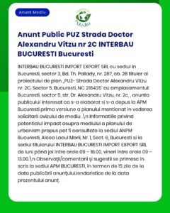 Anunț privind planul urbanistic zonal Strada Doctor Alexandru Vitzu, emis de INTERBAU BUCURESTI IMPORT EXPORT SRL.