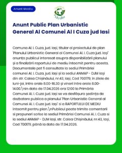 Anunț despre proiectul Plan Urban pentru AI. I. Cuza, Iași, cu acces la document și audiere pe 12 aprilie 2026.