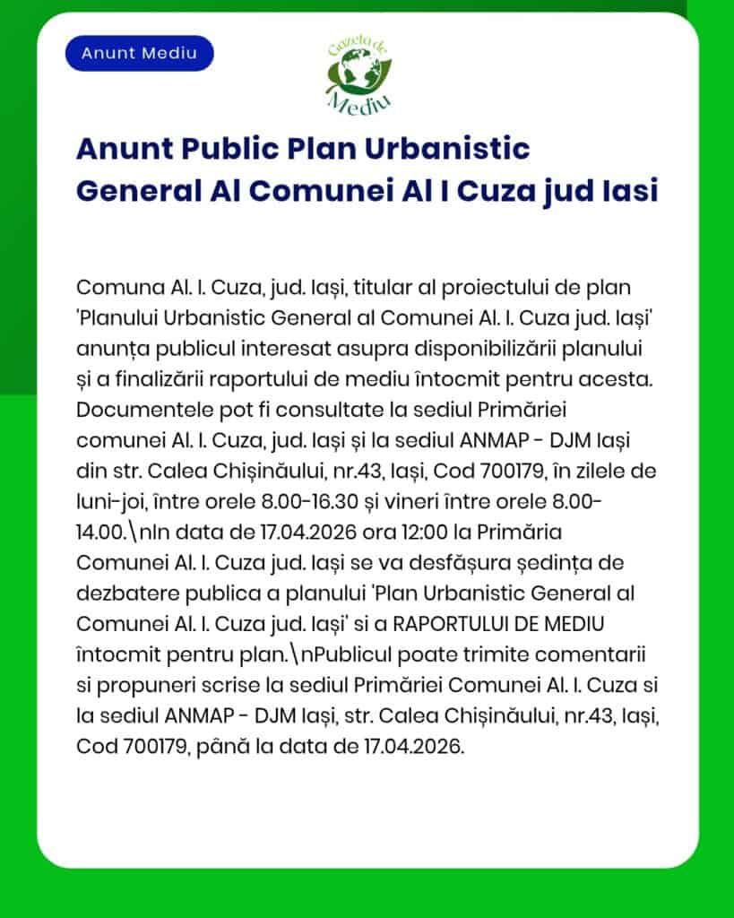 Anunț despre proiectul Plan Urban pentru AI. I. Cuza, Iași, cu acces la document și audiere pe 12 aprilie 2026.