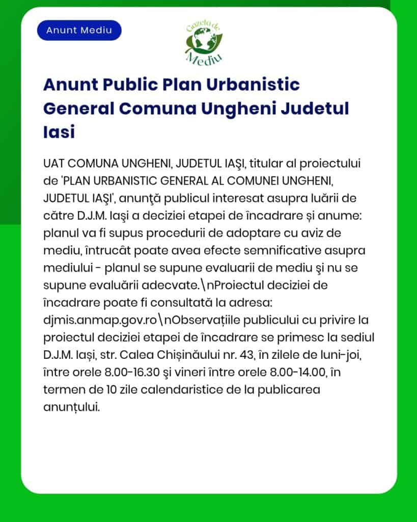 Anunț pentru Planul Urbanistic General al Municipiului Iași.