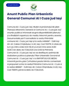 Informații despre Planul Urbanistic General AI Cuza, județul Iași: locații, date și intervale orare pentru documente.