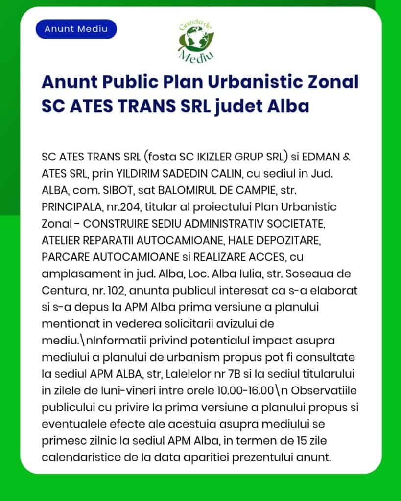 Anunț privind Planul Urbanistic Zonal pentru SC ATES TRANS SRL Alba, cu obiectivele proiectului și informații procedurale.