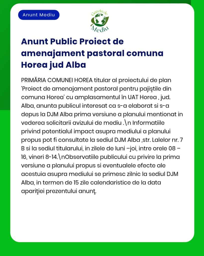 Proiect de gestionare a pășunilor în Horea, Alba, cu informații despre vizualizarea planului la DJM Alba.