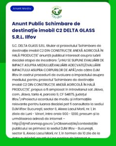 DELTA GLASS S.R.L. Ilfov anunță că nu este necesară evaluarea impactului asupra mediului pentru un proiect construcții.