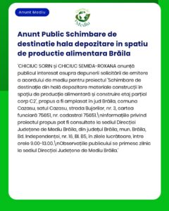 Anunț privind construirea unui depozit pentru producție alimentară în Brăila, cu detalii despre proiect și locație.