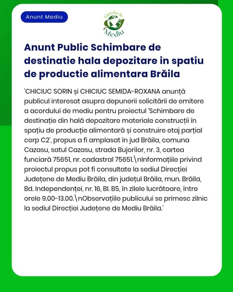 Anunț privind construirea unui depozit pentru producție alimentară în Brăila, cu detalii despre proiect și locație.
