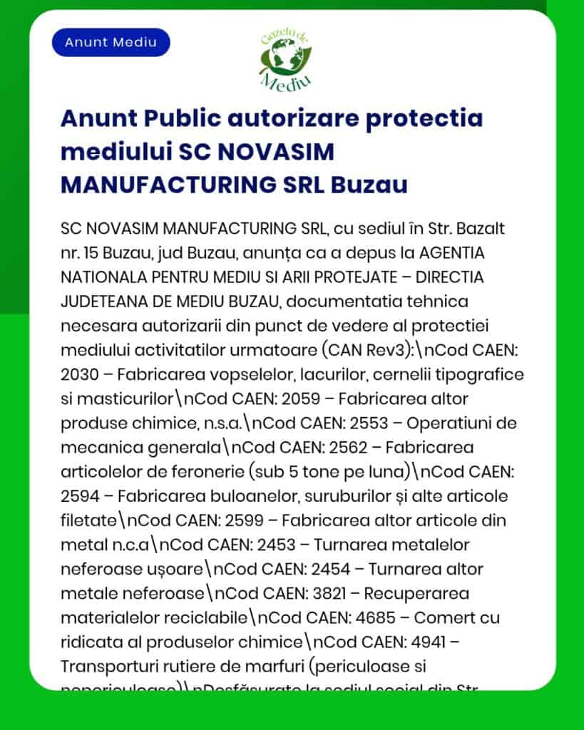 Anunț privind autorizarea de mediu pentru SC NOVASIM MANUFACTURING SRL Buzău, cu coduri CAEN și detalii de reglementare.