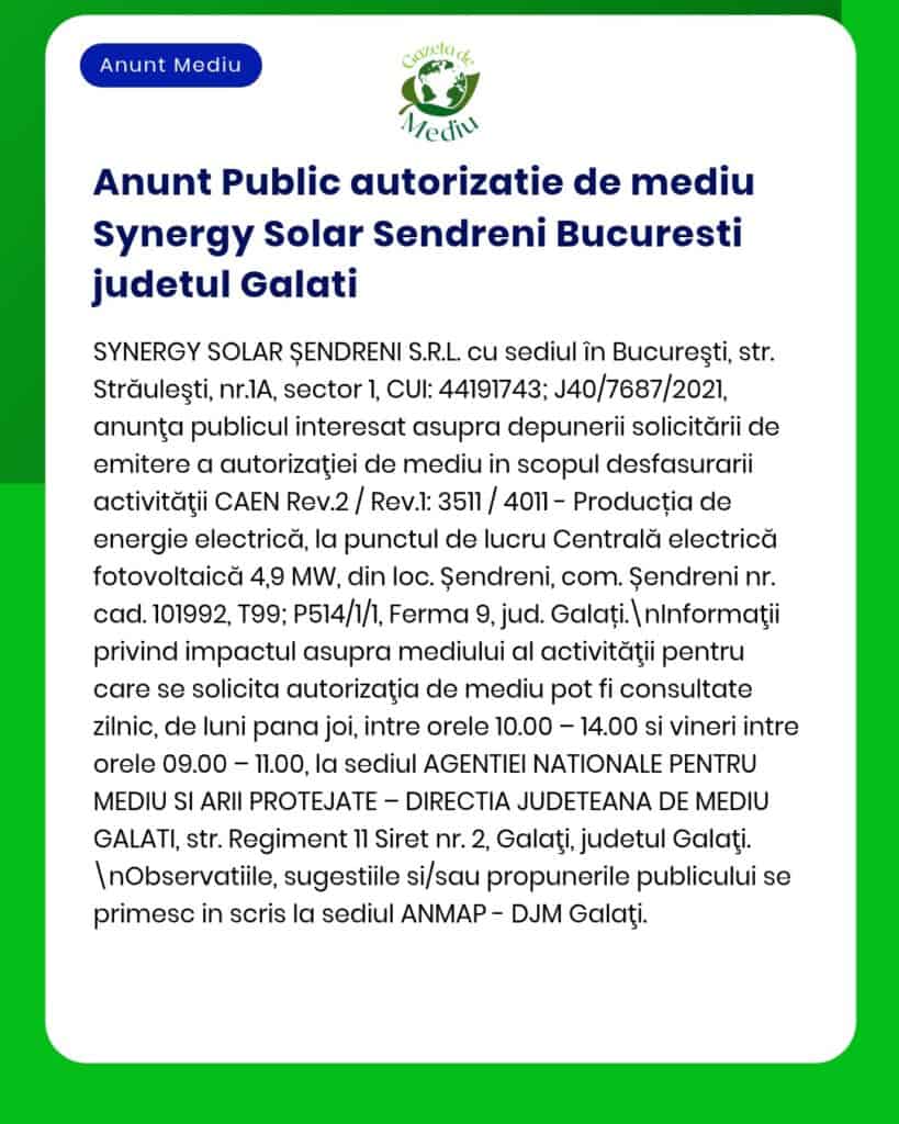 Synergy Solar solicită aviz de mediu pentru o centrală fotovoltaică în Șendreni, județul Galați.