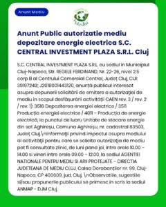 Notificare privind autorizarea de mediu pentru S.C. Central Investment Plaza S.R.L., Cluj, stocare energie electrică.