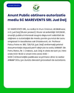 SC MAREVENTS SRL anunță obținerea avizului de mediu pentru un șantier din Ghizdavesti, Dolj.