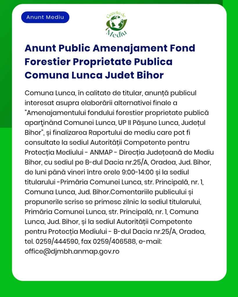 Anunt Public Amenajament Fond Forestier Proprietate Publica Comuna Lun