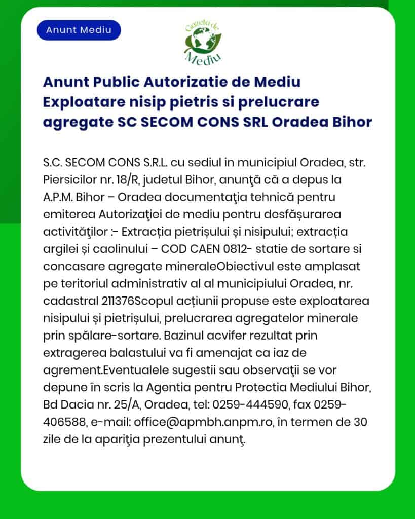 Anunt Public Autorizatie de Mediu Exploatare nisip pietris si prelucra