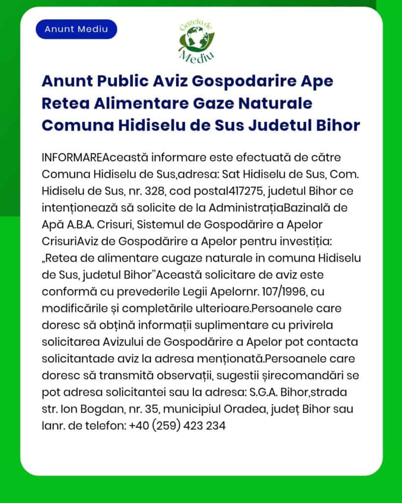 Anunt Public Aviz Gospodarire Ape Retea Alimentare Gaze Naturale Comun