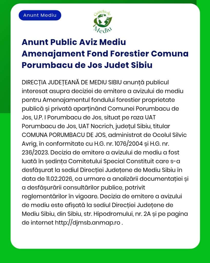 Anunt Public Aviz Mediu Amenajament Fond Forestier Comuna Porumbacu de