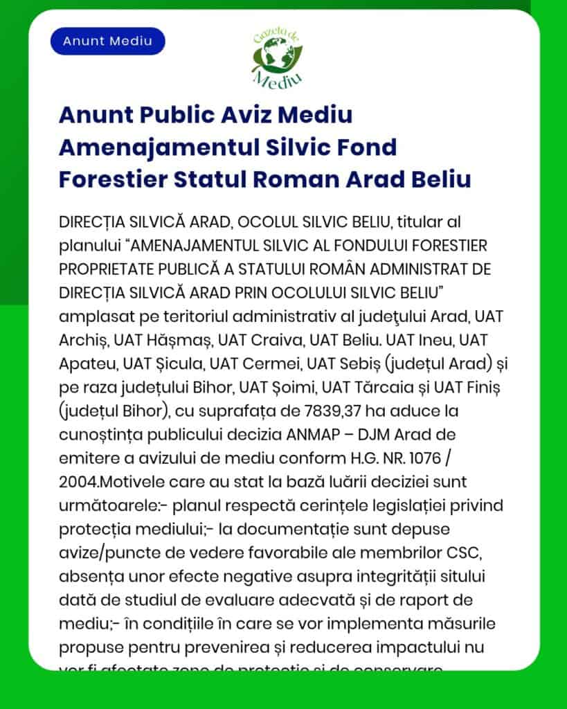 Anunt Public Aviz Mediu Amenajamentul Silvic Fond Forestier Statul Rom