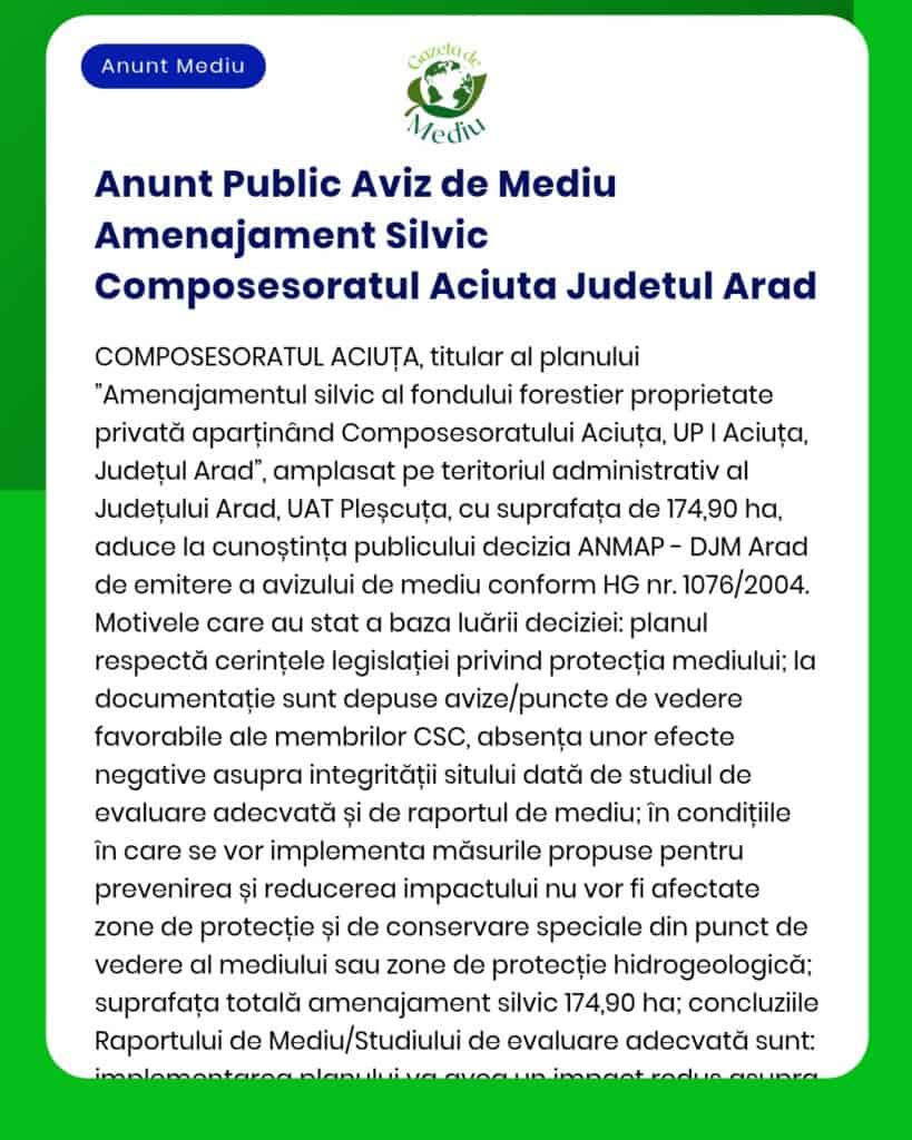 Anunt Public Aviz de Mediu Amenajament Silvic Composesoratul Aciuta Ju