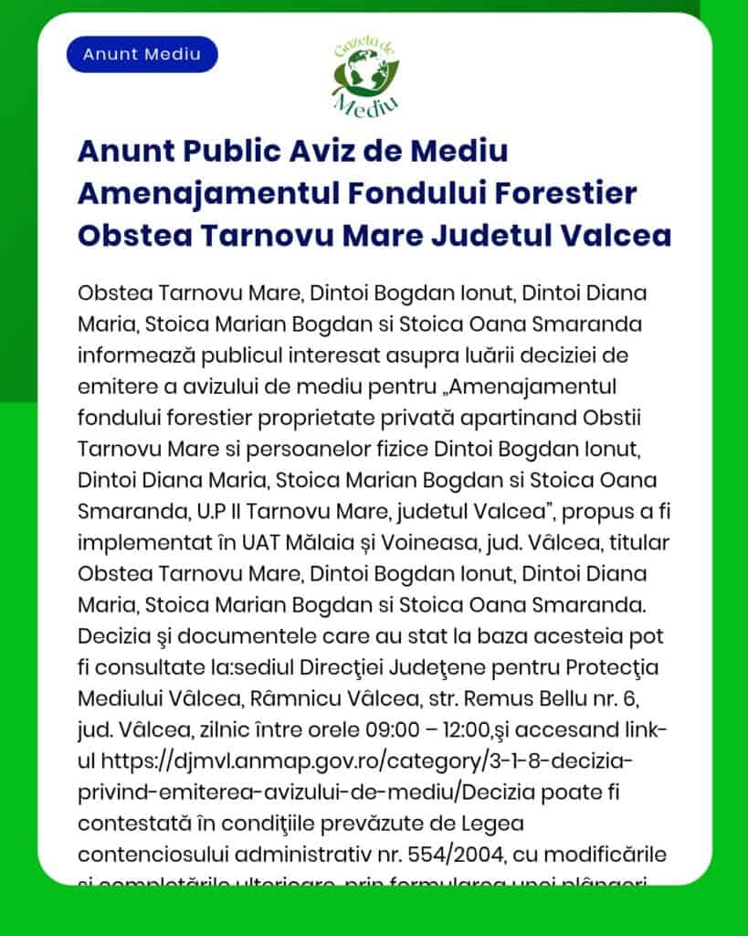 Anunt Public Aviz de Mediu Amenajamentul Fondului Forestier Obstea Tar