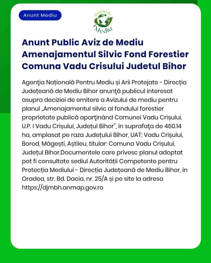 Anunt Public Aviz de Mediu Amenajamentul Silvic Fond Forestier Comuna