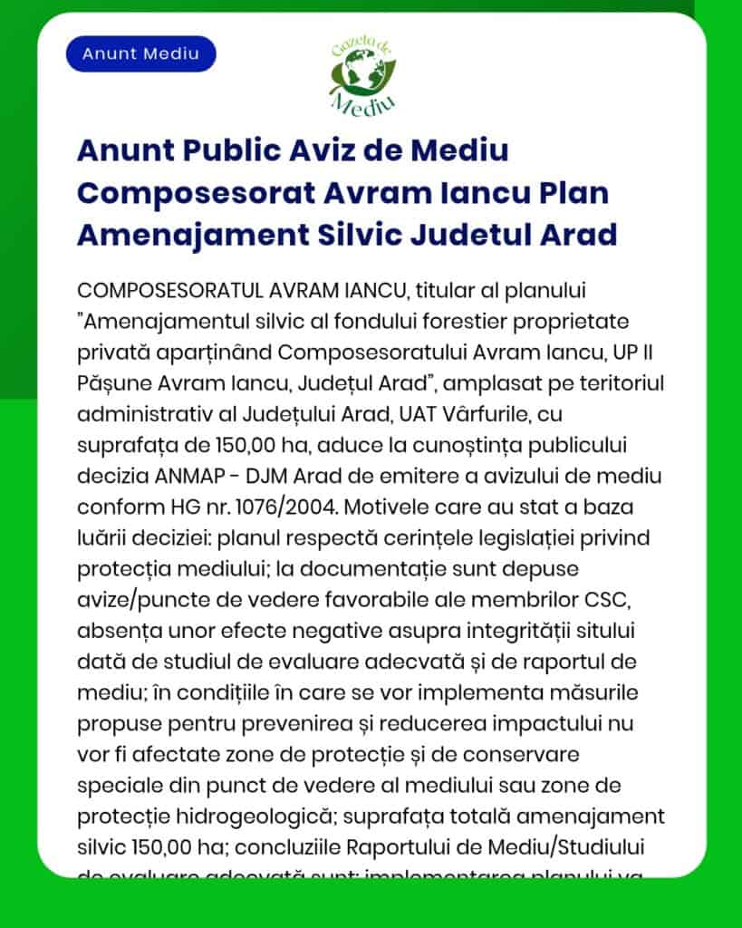 Anunt Public Aviz de Mediu Composesorat Avram Iancu Plan Amenajament S