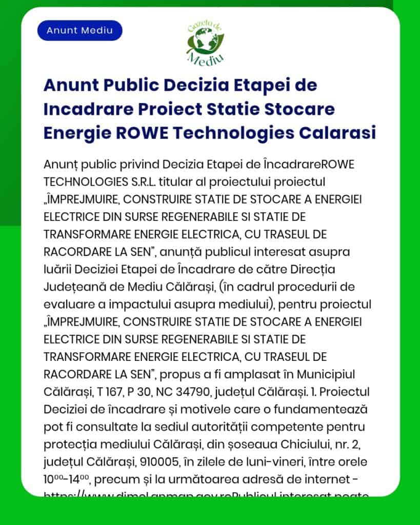 Anunt Public Decizia Etapei de Incadrare Proiect Statie Stocare Energi