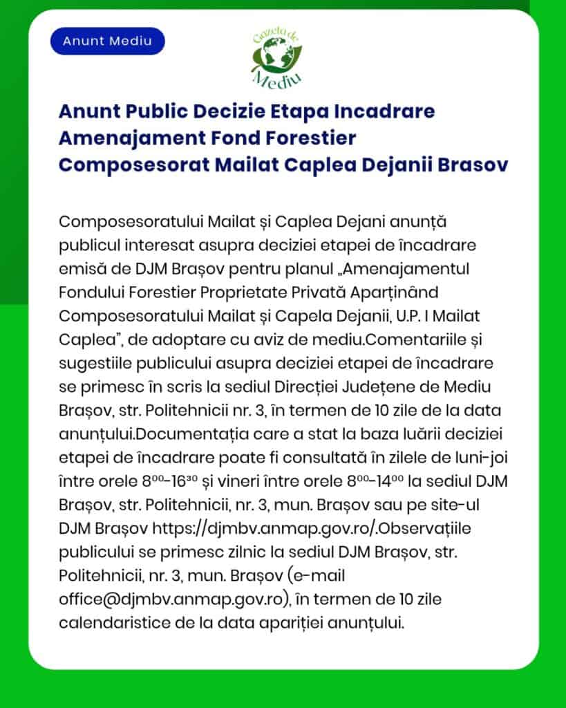 Anunt Public Decizie Etapa Incadrare Amenajament Fond Forestier Compos