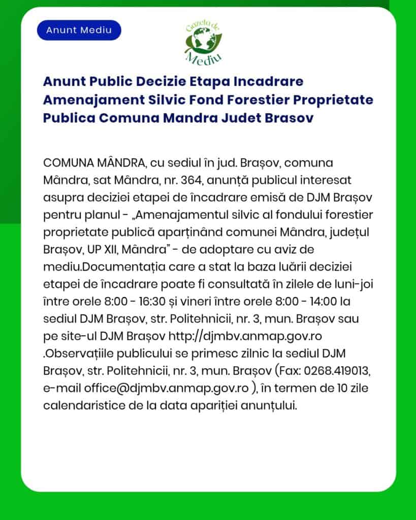 Anunt Public Decizie Etapa Incadrare Amenajament Silvic Fond Forestier