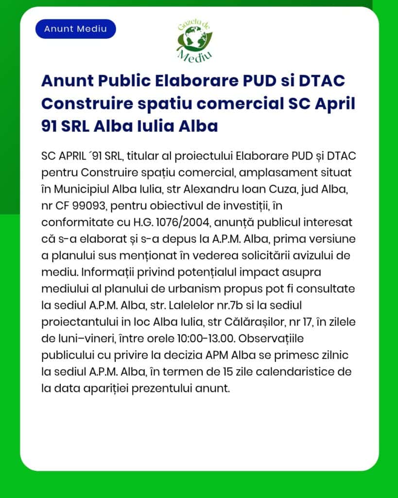 Anunt public elaborare PUD si DTAC construire spatiu comercial SC Apri