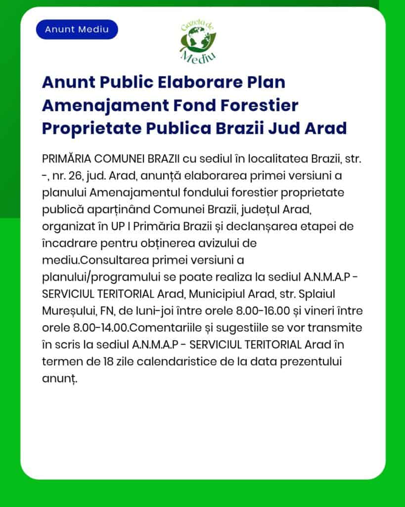 Anunt Public Elaborare Plan Amenajament Fond Forestier Proprietate Pub