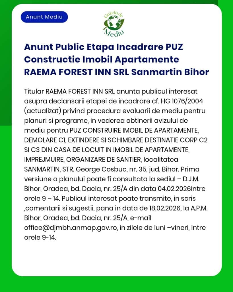 Anunt Public Etapa Incadrare PUZ Constructie Imobil Apartamente RAEMA