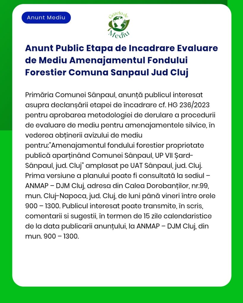 Anunt Public Etapa de Incadrare Evaluare de Mediu Amenajamentul Fondul