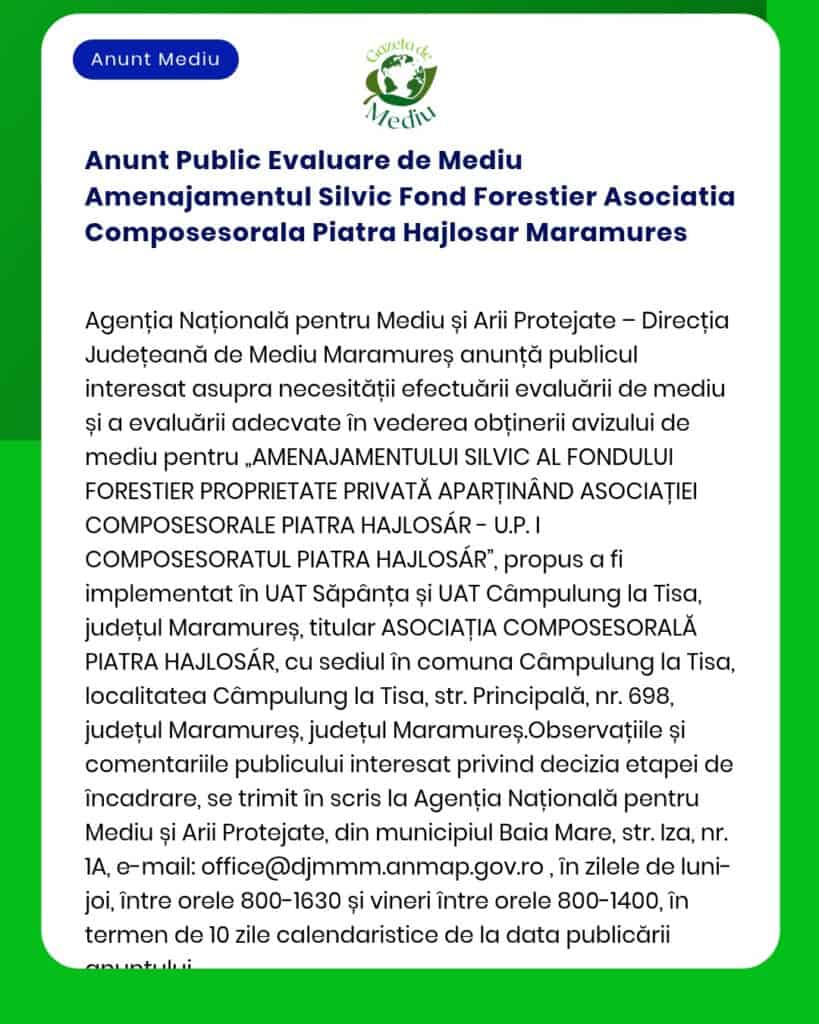Anunt Public Evaluare de Mediu Amenajamentul Silvic Fond Forestier Aso