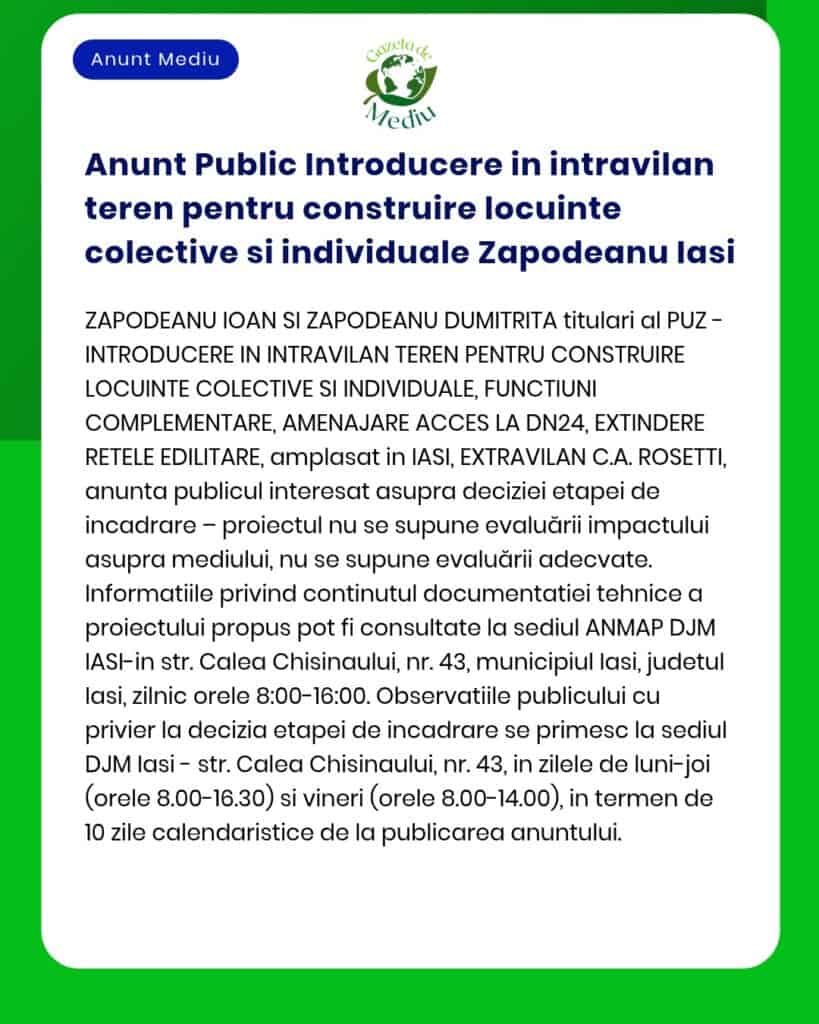 Anunt Public Introducere in intravilan teren pentru construire locuint