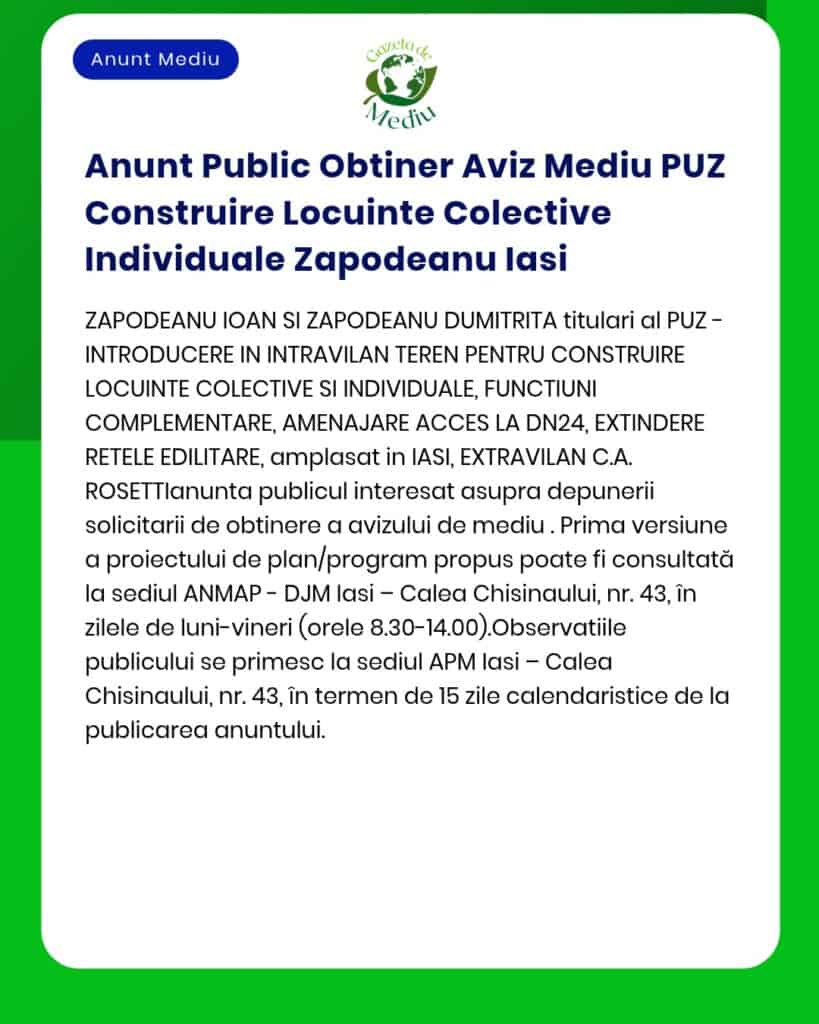 Anunt Public Obtiner Aviz Mediu PUZ Construire Locuinte Colective Indi