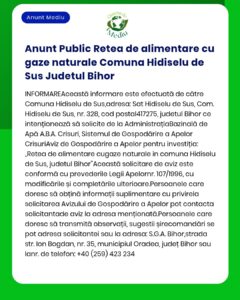 Anunt Public Retea de alimentare cu gaze naturale Comuna Hidiselu de S