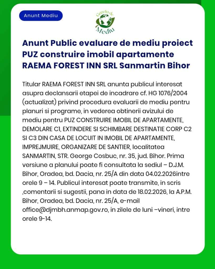 Anunt Public evaluare de mediu proiect PUZ construire imobil apartamen