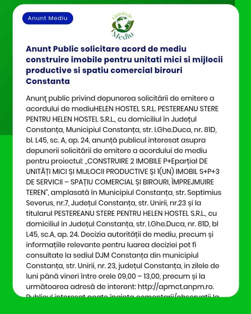 Anunt Public solicitare acord de mediu construire imobile pentru unita