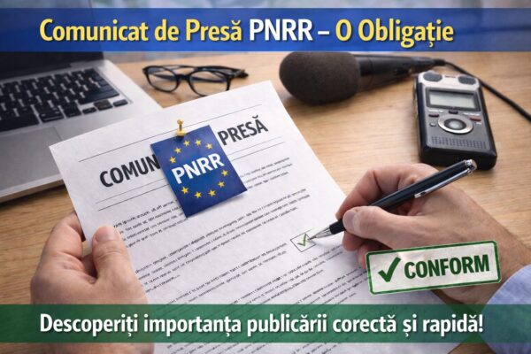 Persoană completează un document "PNRR" ștampilat verde "CONFORM", lângă laptop, microfon și ochelari pe birou.