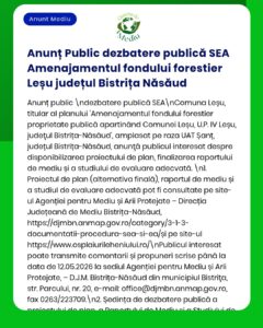 Anunț despre dezbaterea publică privind impactul asupra mediului al fondului forestier Leșu din Bistrița-Năsăud.