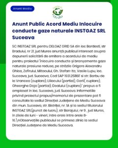 Anunț despre înlocuirea și relocarea rețelelor de gaze naturale pe mai multe străzi din Suceava de către INSTGAZ SRL.